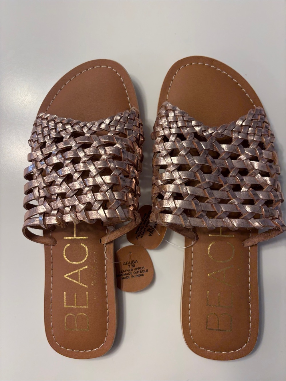 BEACH Slides Woven Metallic Rose Gold Slide Sandals